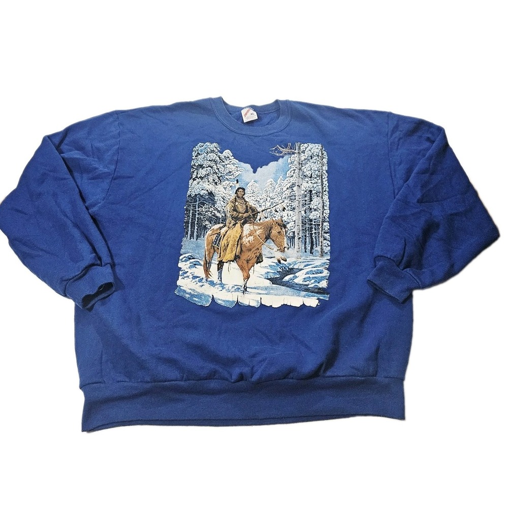 Vintage Jerzees Native American Chuck Ren Sweatshirt Size XL Equestrian Blue